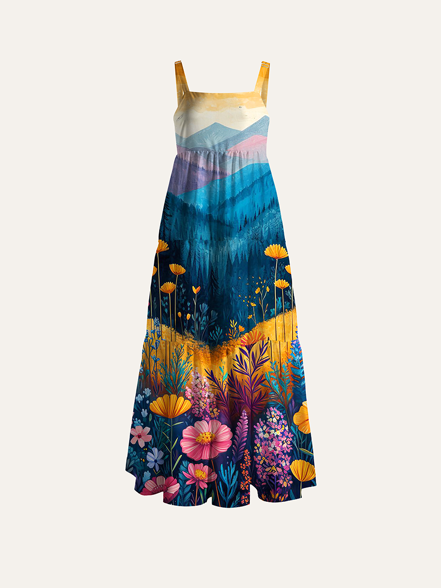 Warm Sunset Mountain Wildflower Landscape Adjustable Wide Straps Maxi Dress