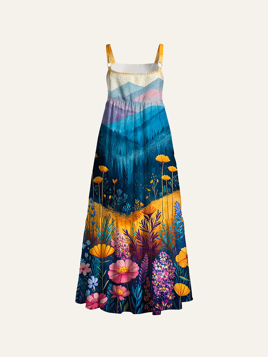 Warm Sunset Mountain Wildflower Landscape Adjustable Wide Straps Maxi Dress