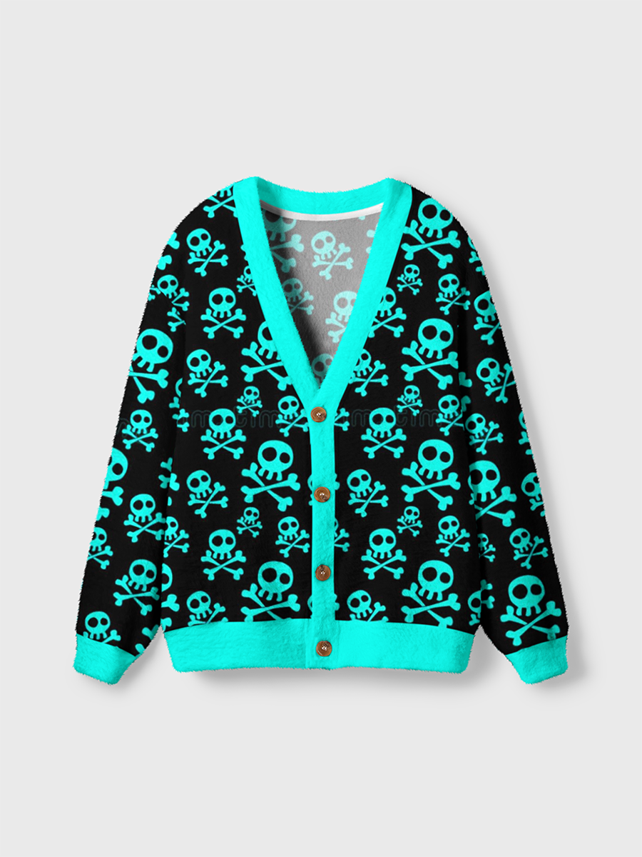 Vintage Teal Skulls And Crossbones Cardigan Sweaters