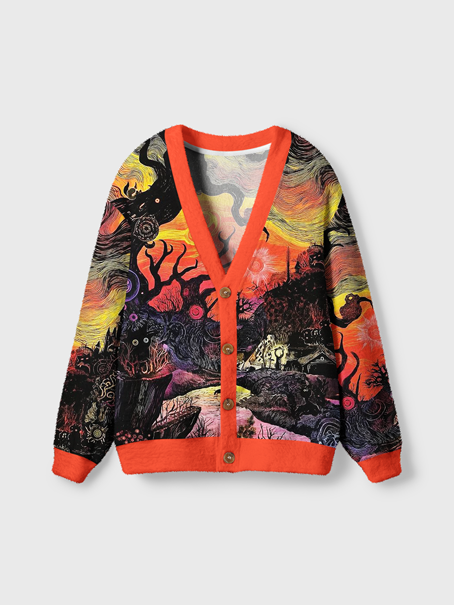 Vintage Dark Fantasy Castle and Spooky Trees Cardigan Sweaters