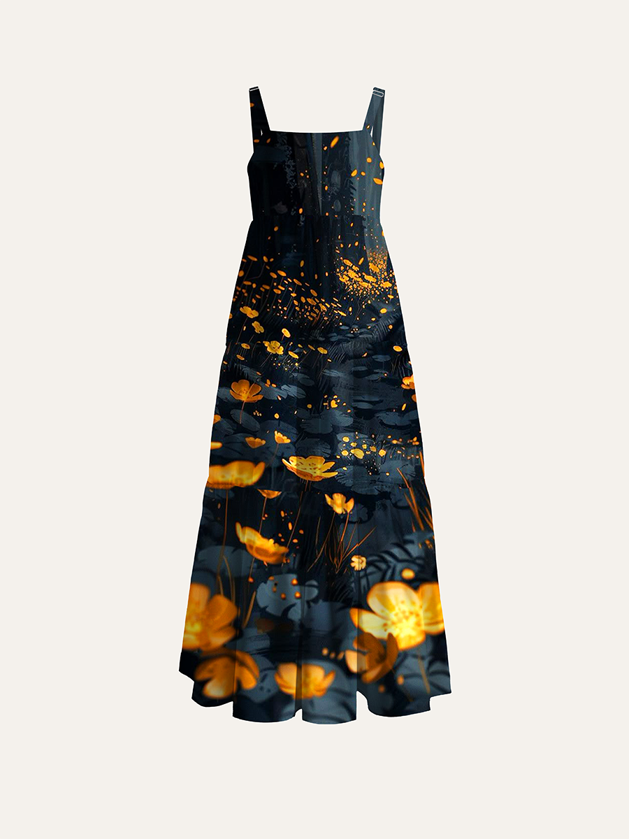 Dark Forest Glowing Golden Wildflower Fantasy Adjustable Wide Straps Maxi Dress