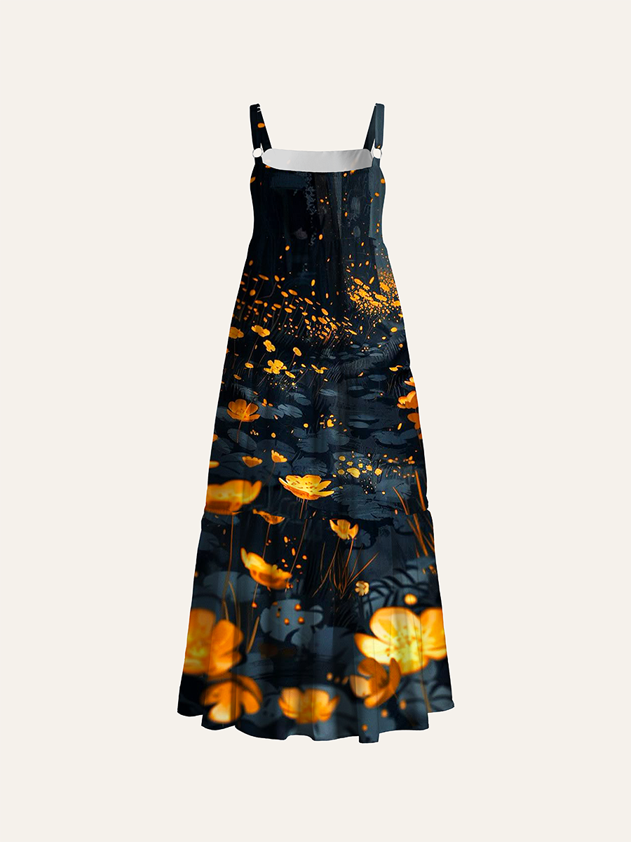Dark Forest Glowing Golden Wildflower Fantasy Adjustable Wide Straps Maxi Dress