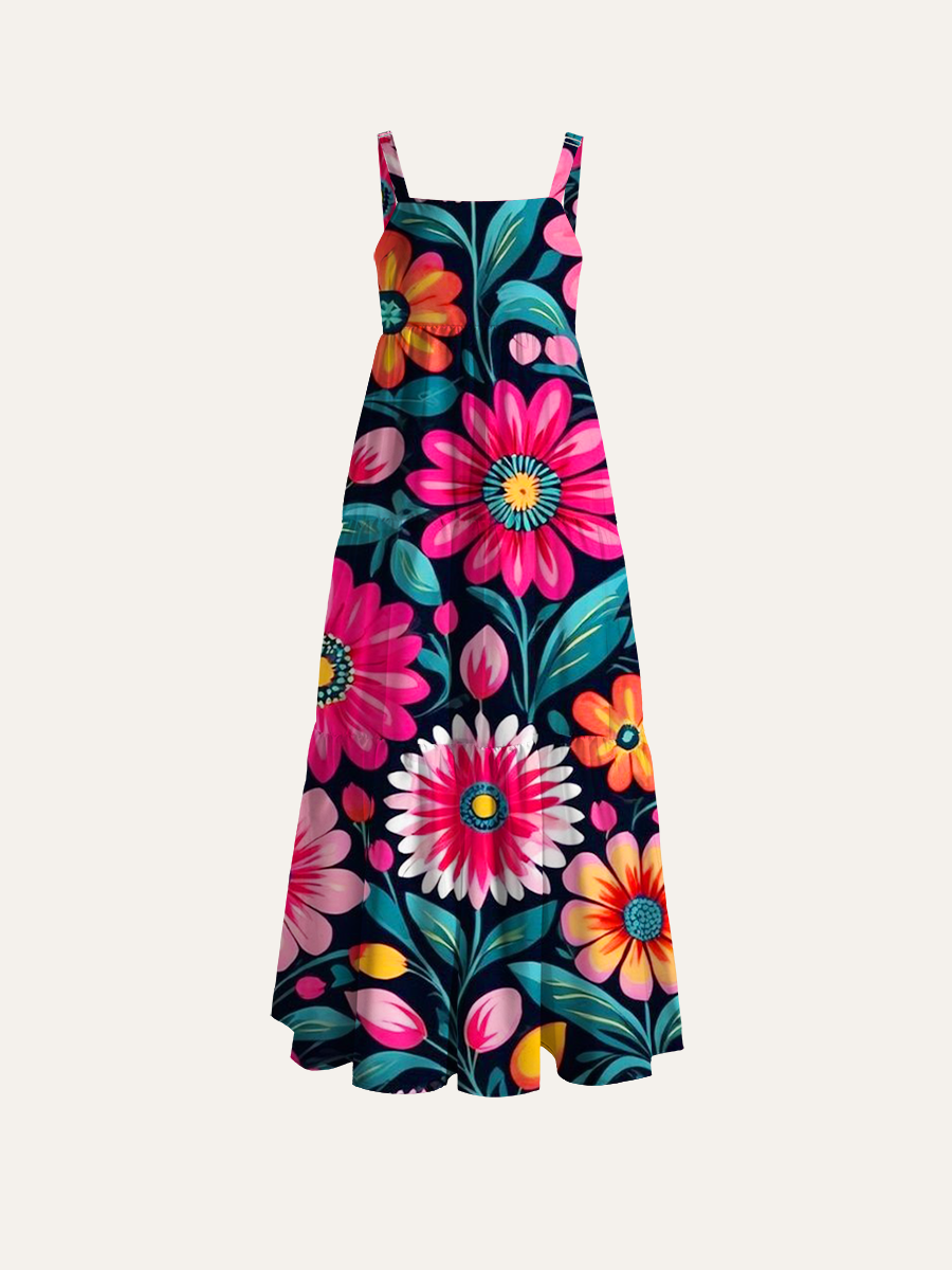 Retro Folk Art Flowers Adjustable Wide Straps Maxi Dress