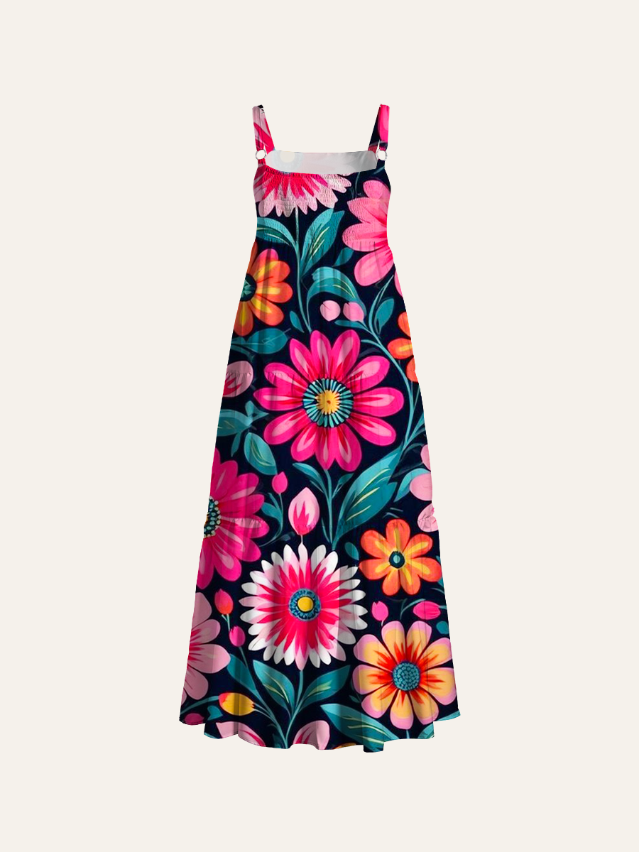 Retro Folk Art Flowers Adjustable Wide Straps Maxi Dress