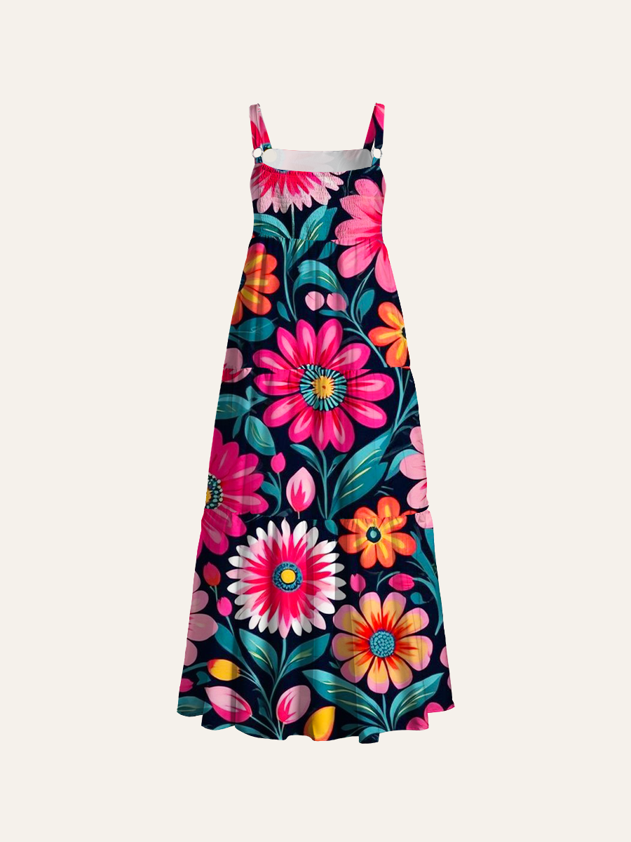 Retro Folk Art Flowers Adjustable Wide Straps Maxi Dress