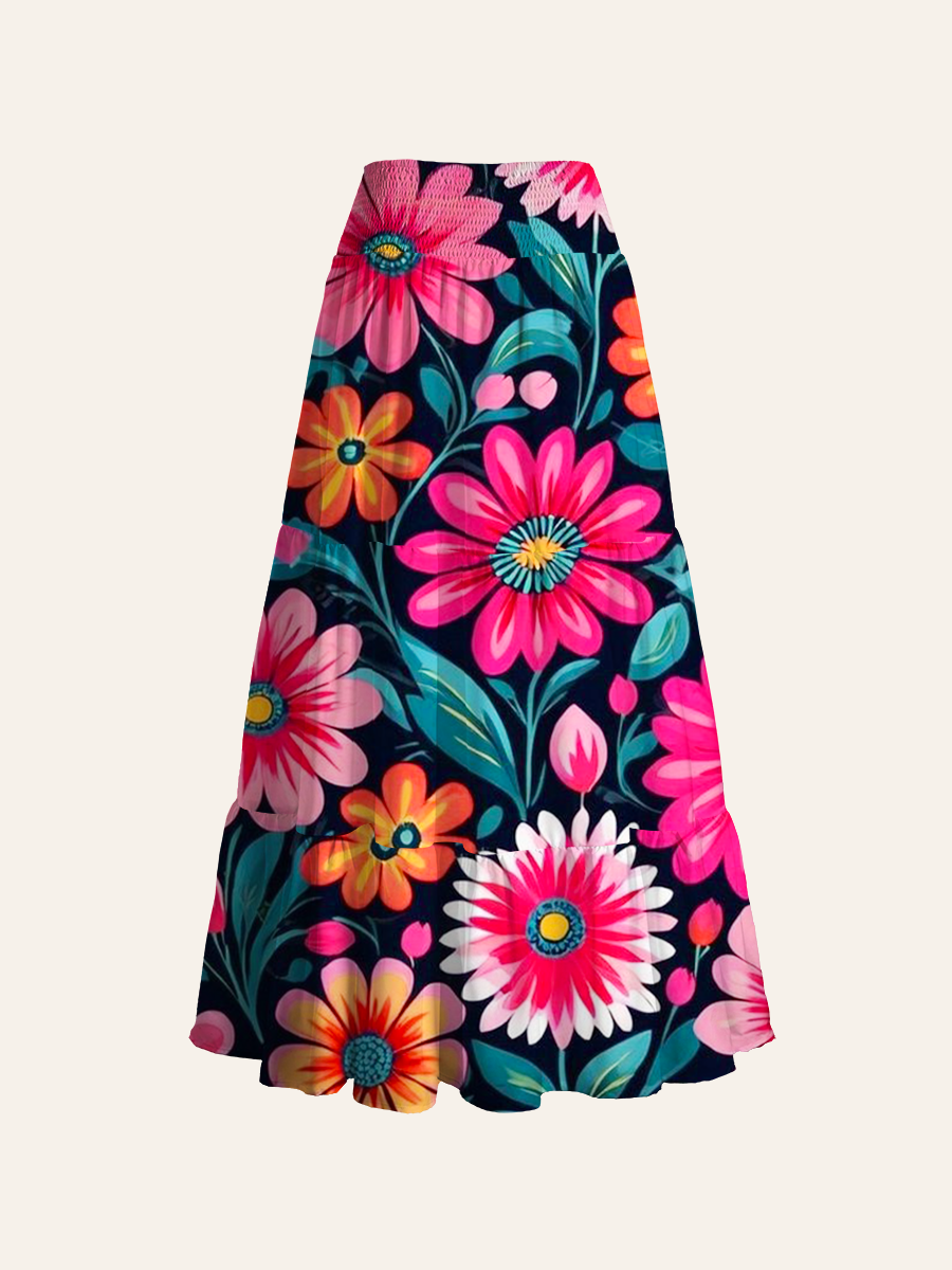 Retro Folk Art Flowers Convertible Maxi Skirts
