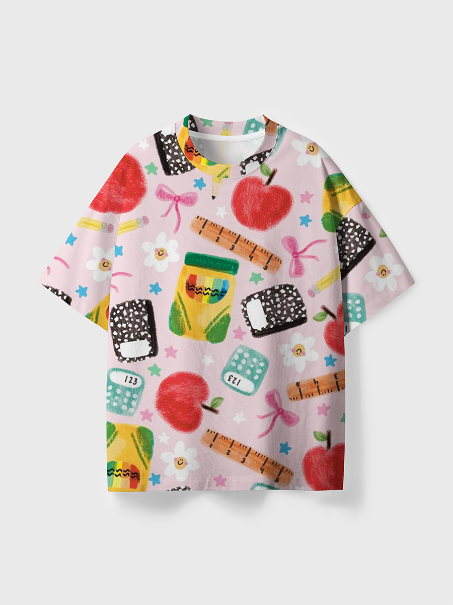 Vintage Pink Base Colored Pencil Stationery Floral All Over Print T-Shirt