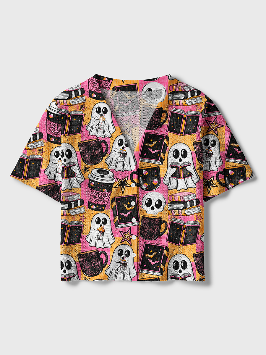 Check Ghost Coffee Book Halloween Crochet Button Down Cardigan