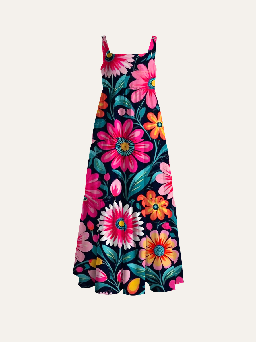 Retro Folk Art Flowers Adjustable Wide Straps Maxi Dress