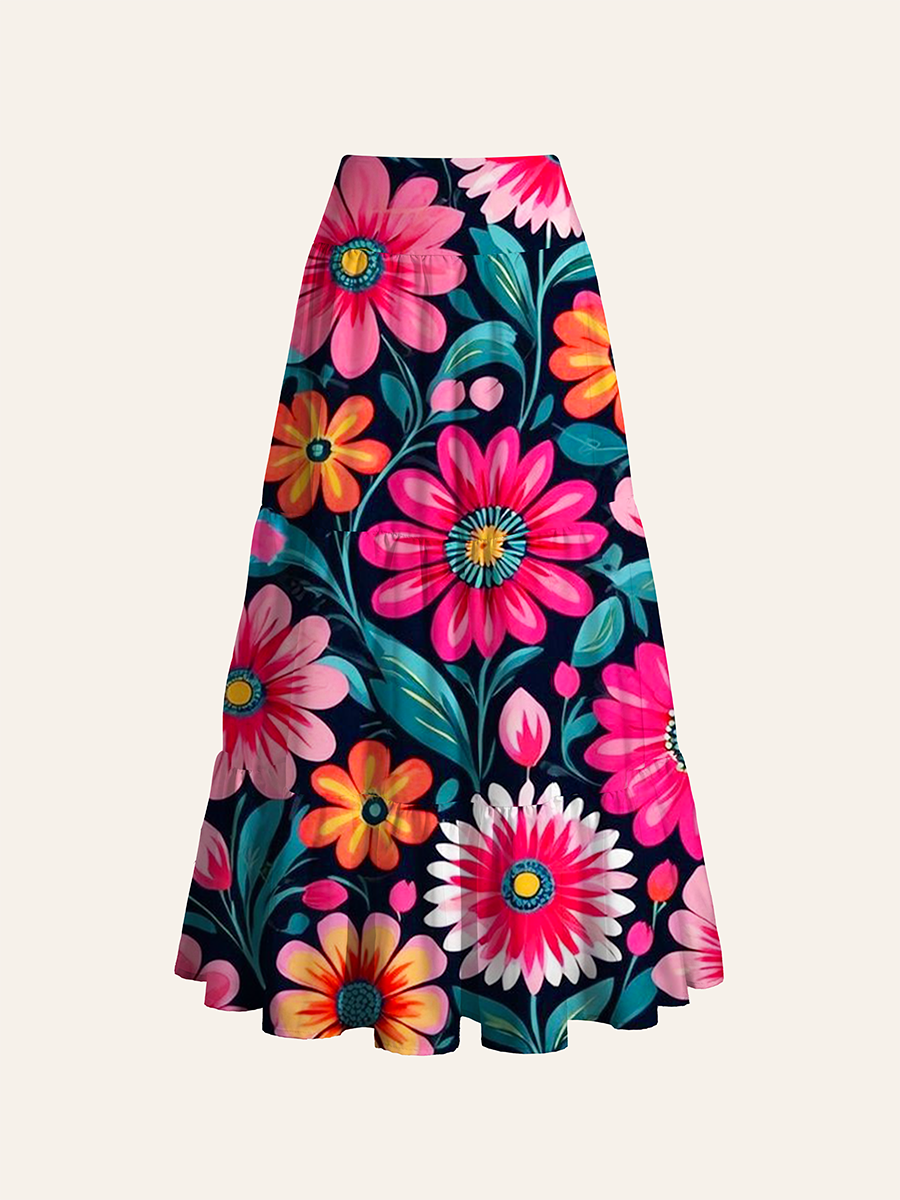 Retro Folk Art Flowers Convertible Maxi Skirts
