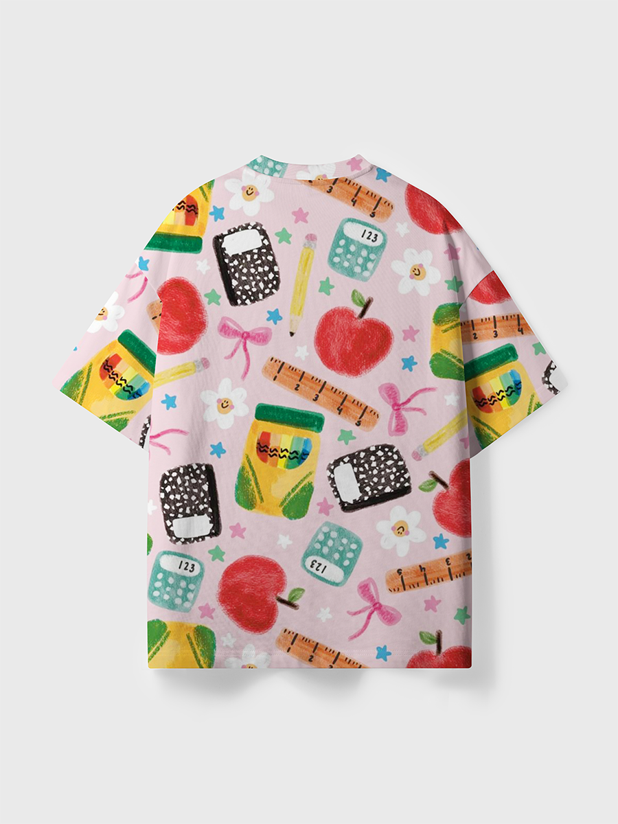 Vintage Pink Base Colored Pencil Stationery Floral All Over Print T-Shirt