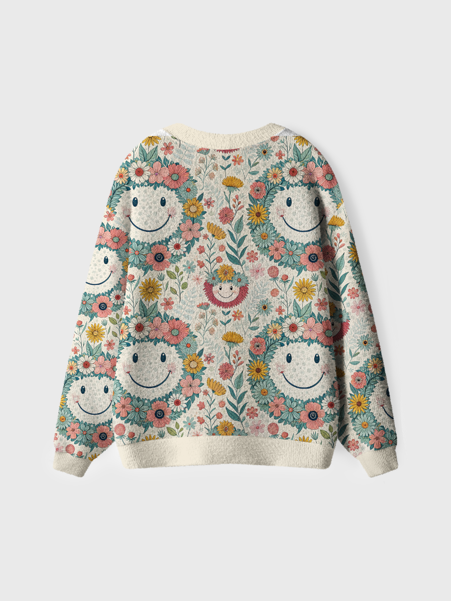 Vintage Flower Smile Design Cute Cardigan Sweaters