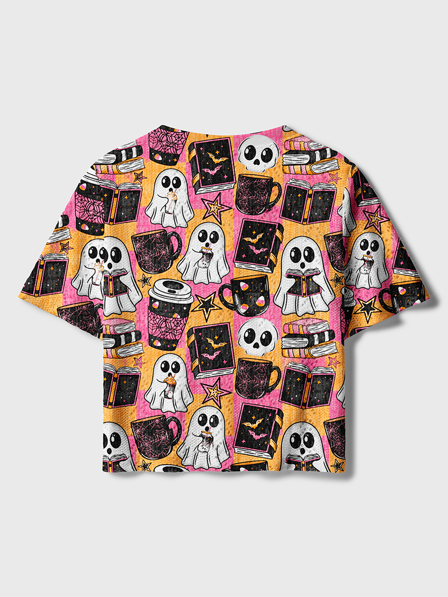 Check Ghost Coffee Book Halloween Crochet Button Down Cardigan