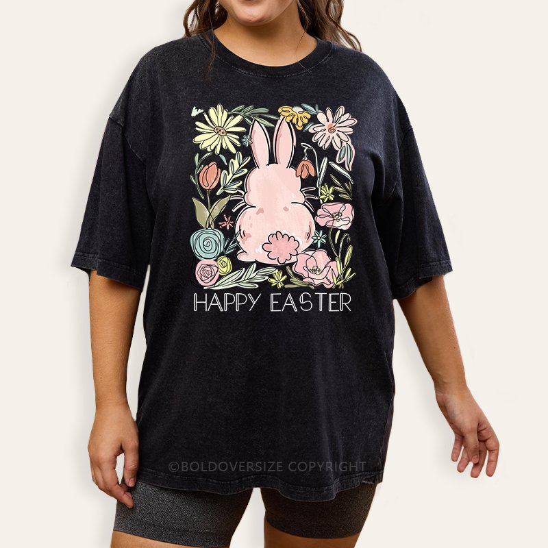 Vintage Wildflowers Easter Bunny Washed T-Shirt