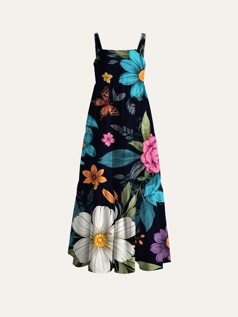 Midnight Floral Garden Adjustable Wide Straps Maxi Dress