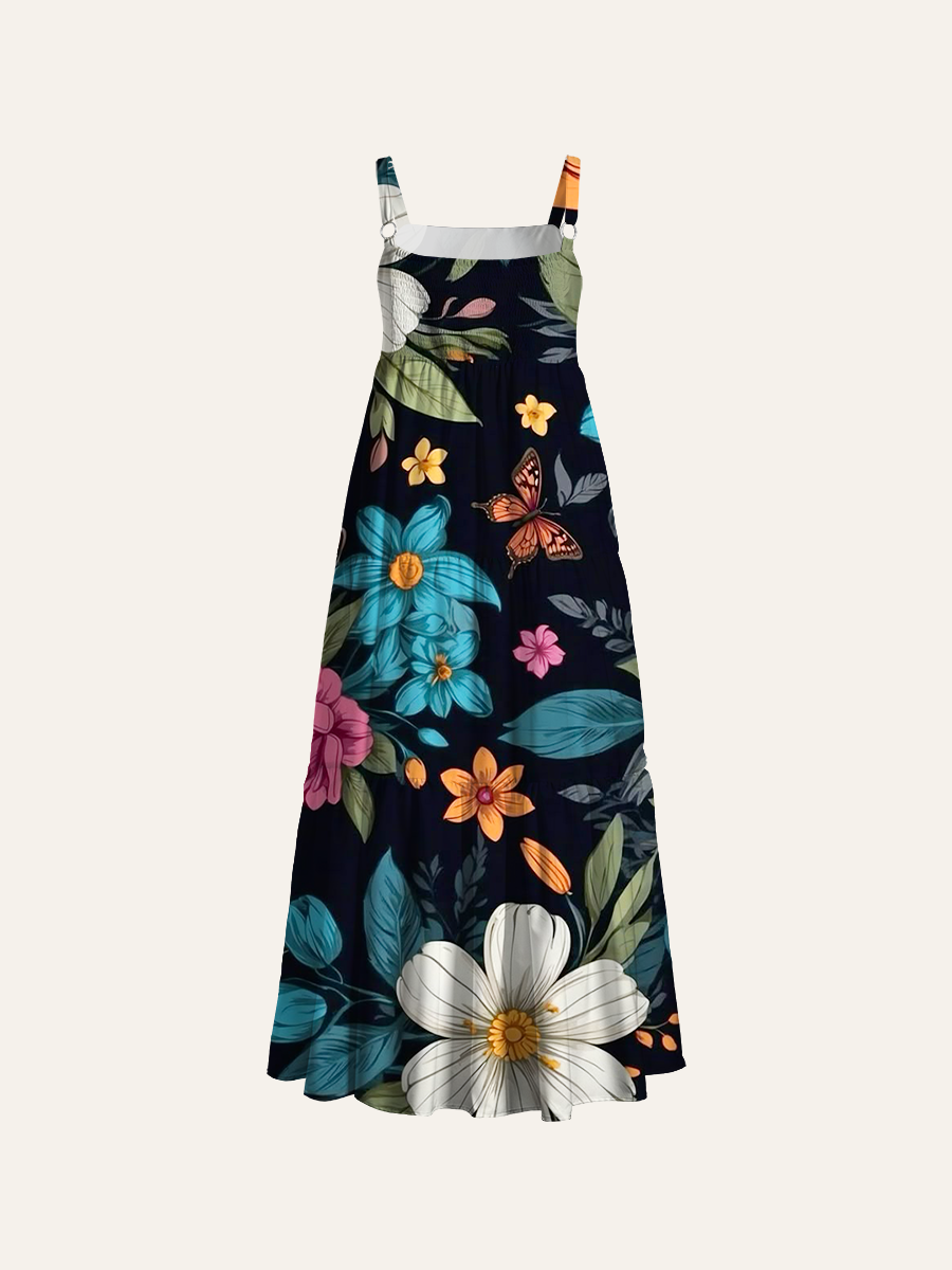 Midnight Floral Garden Adjustable Wide Straps Maxi Dress