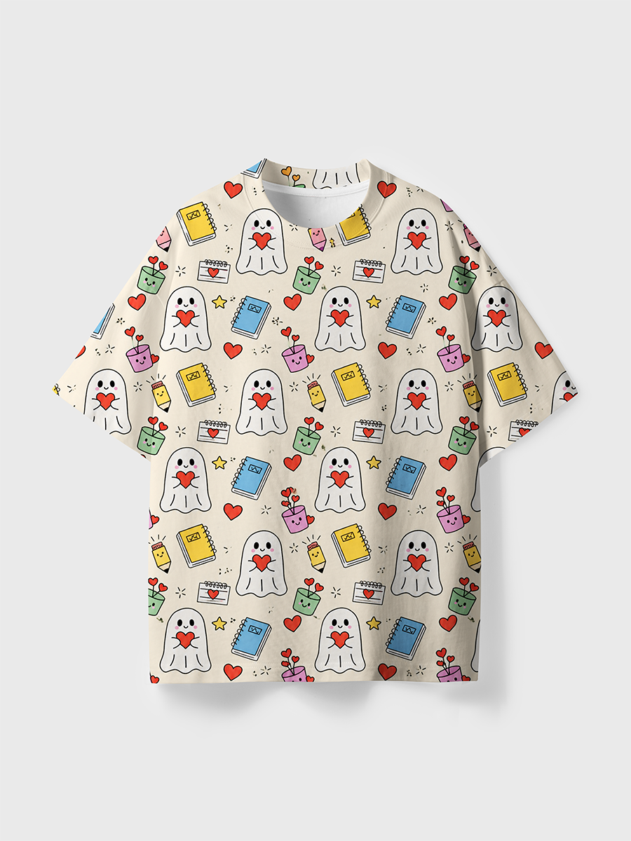 Vintage Cream Cute Heart Ghost School Supply All Over Print T-Shirt