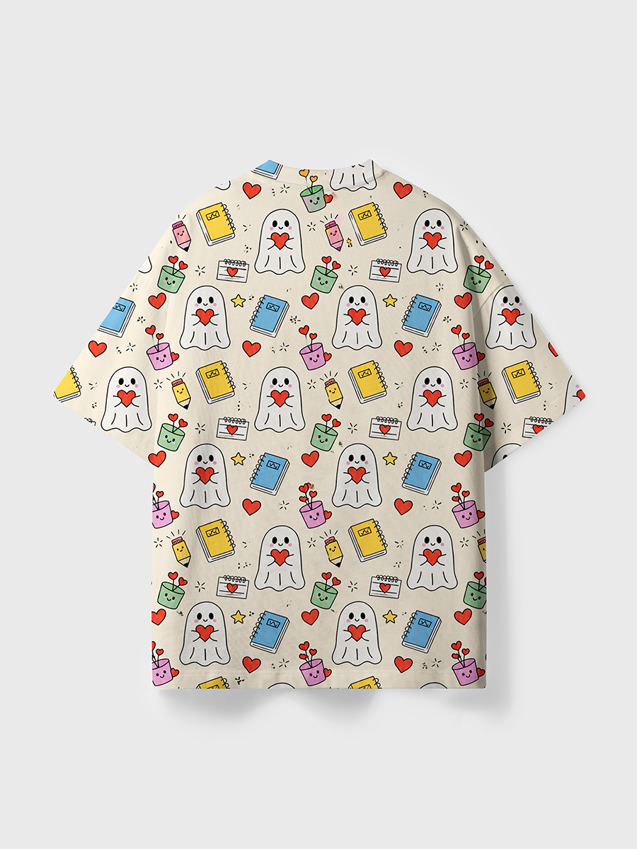 Vintage Cream Cute Heart Ghost School Supply All Over Print T-Shirt