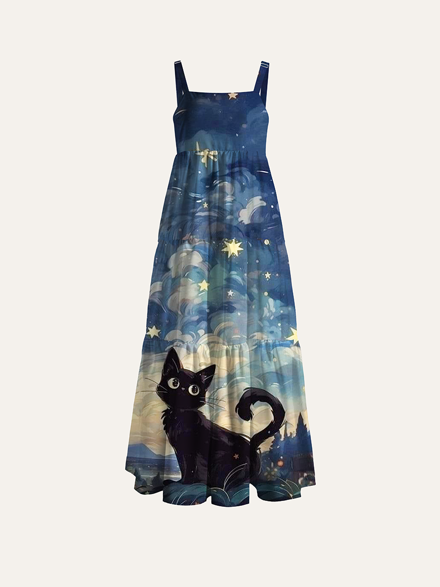 Starry Sky Black Cat Anime Adjustable Wide Straps Maxi Dress