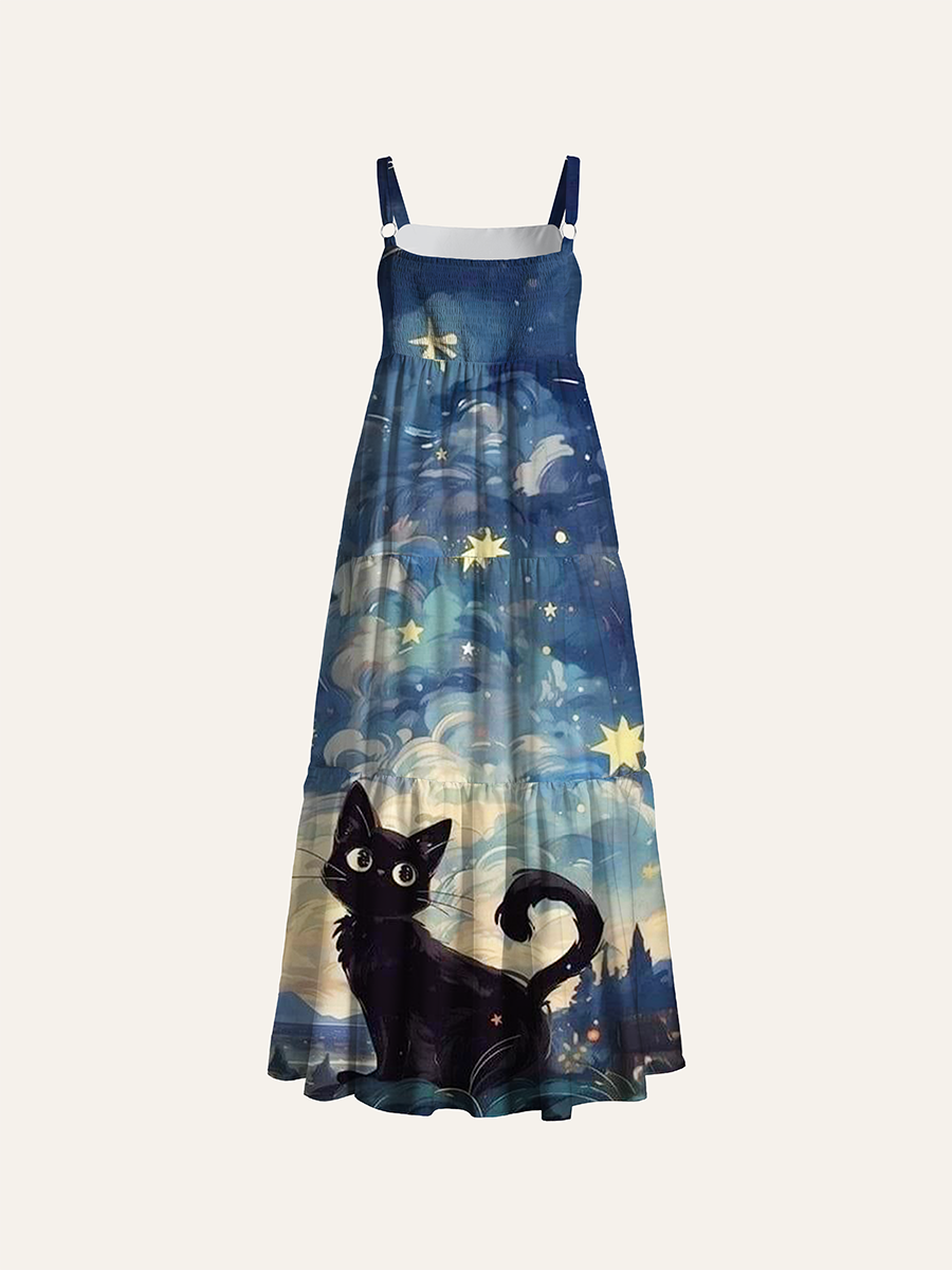 Starry Sky Black Cat Anime Adjustable Wide Straps Maxi Dress