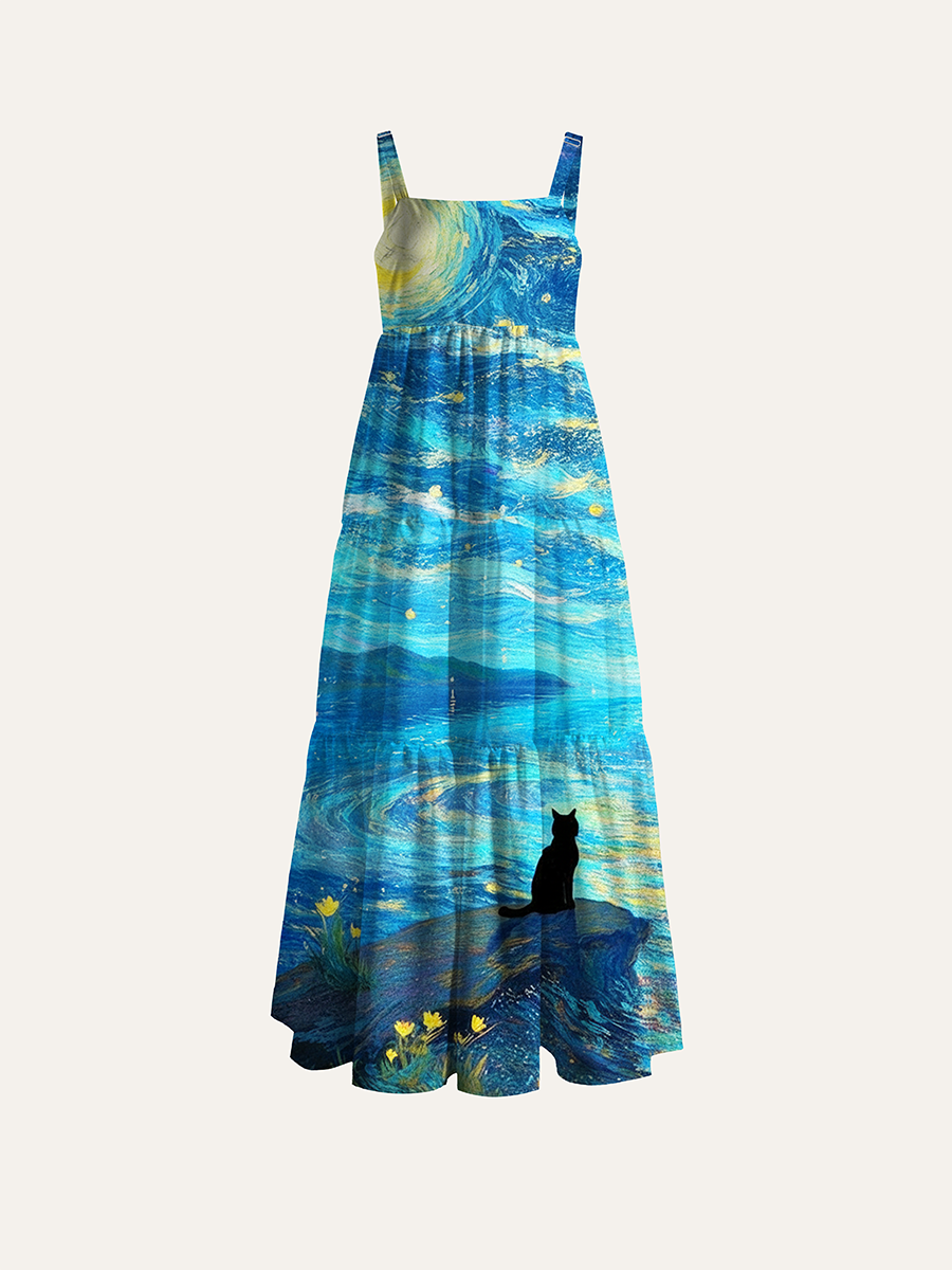 Starry Night Black Cat Impressionist Adjustable Wide Straps Maxi Dress