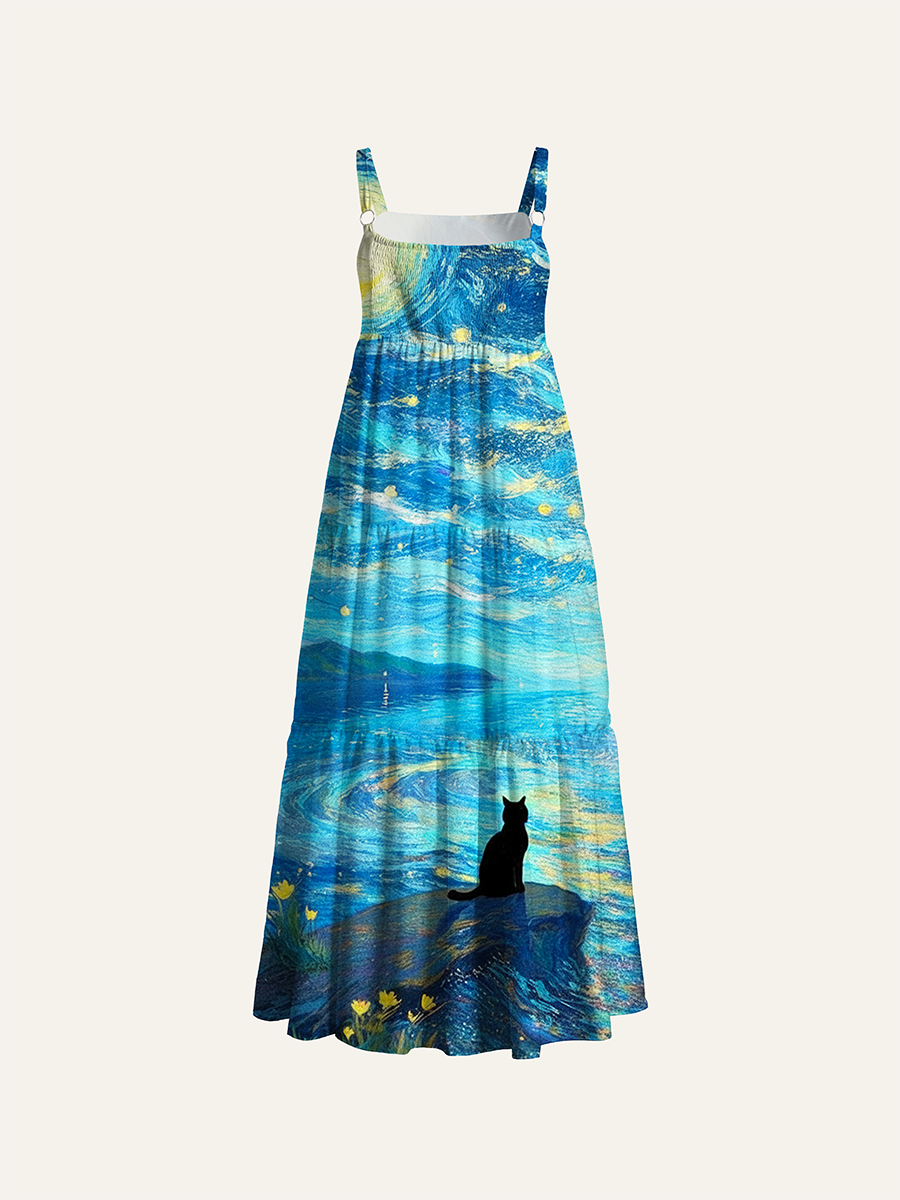 Starry Night Black Cat Impressionist Adjustable Wide Straps Maxi Dress