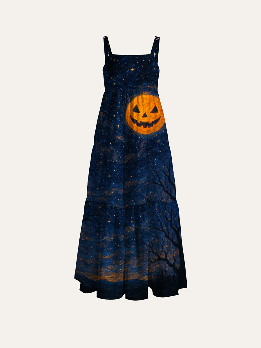 Oil Painting Jack-o-lantern Moon Halloween Adjustable Wide Straps Maxi Dress