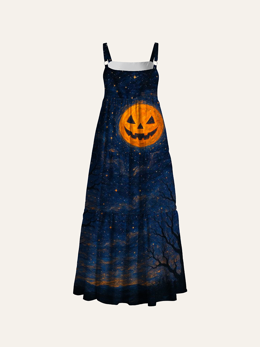 Oil Painting Jack-o-lantern Moon Halloween Adjustable Wide Straps Maxi Dress