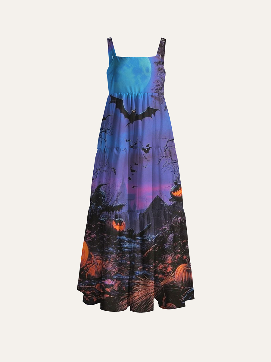 Dark Retro Forest Halloween Adjustable Wide Straps Maxi Dress
