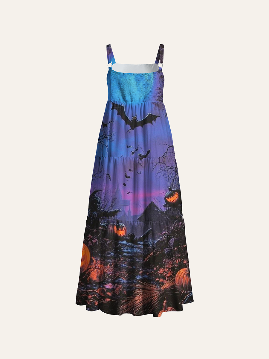 Dark Retro Forest Halloween Adjustable Wide Straps Maxi Dress