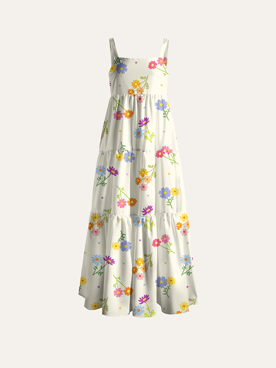 Cream Base Pastel Daisy Kid Floral Adjustable Wide Straps Maxi Dress