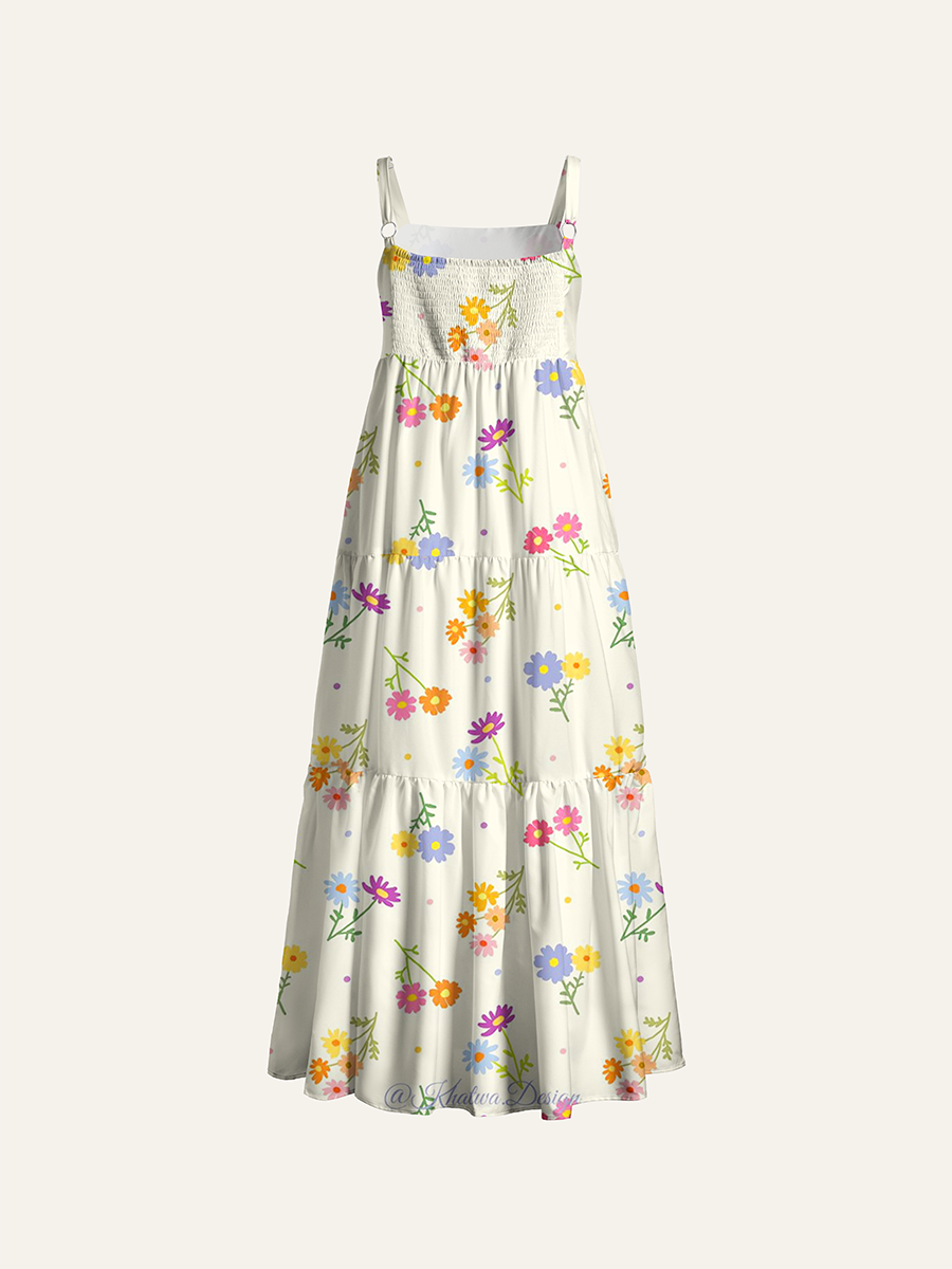 Cream Base Pastel Daisy Kid Floral Adjustable Wide Straps Maxi Dress