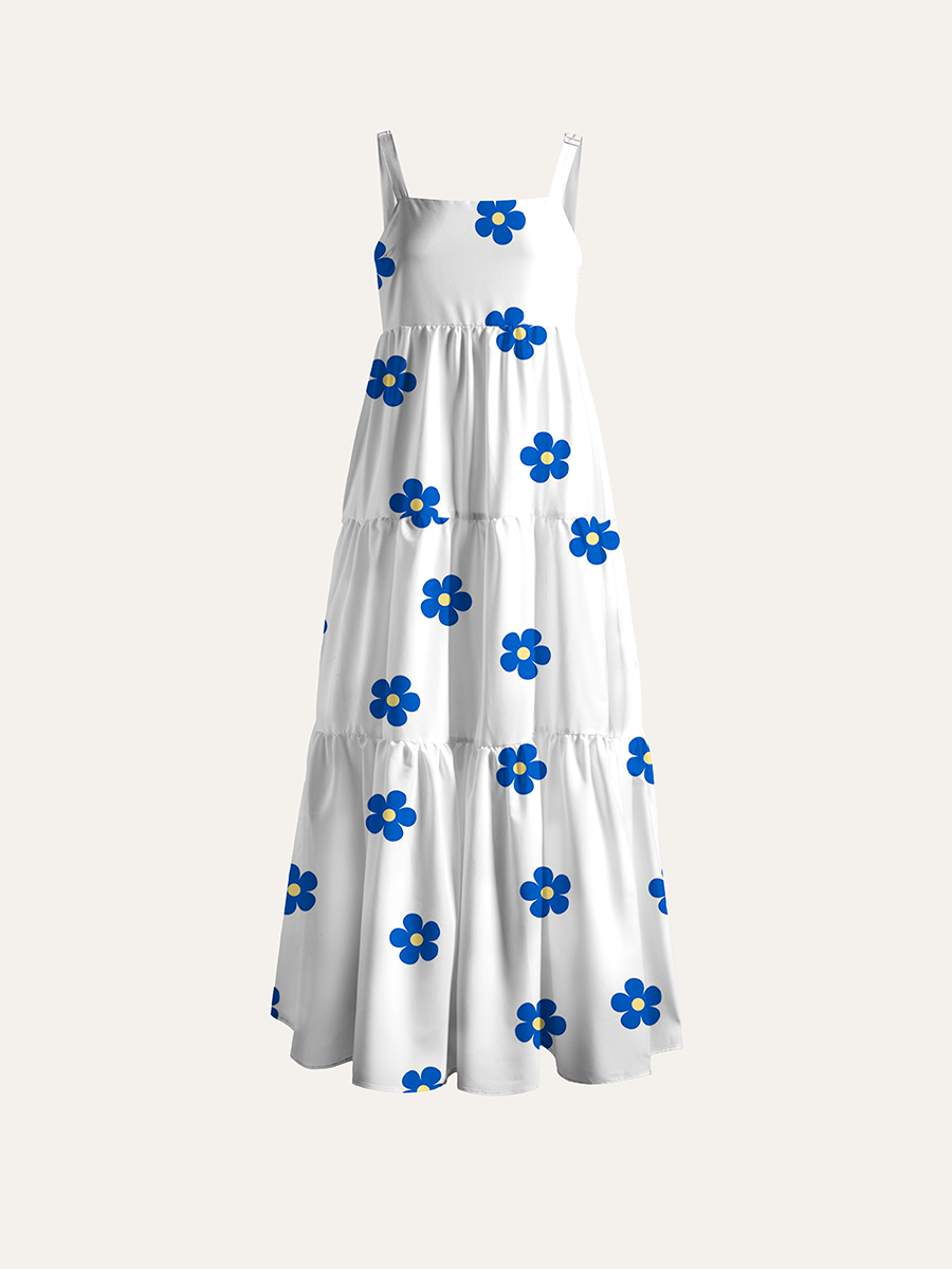 Minimal Ditsy Floral Adjustable Wide Straps Maxi Dress