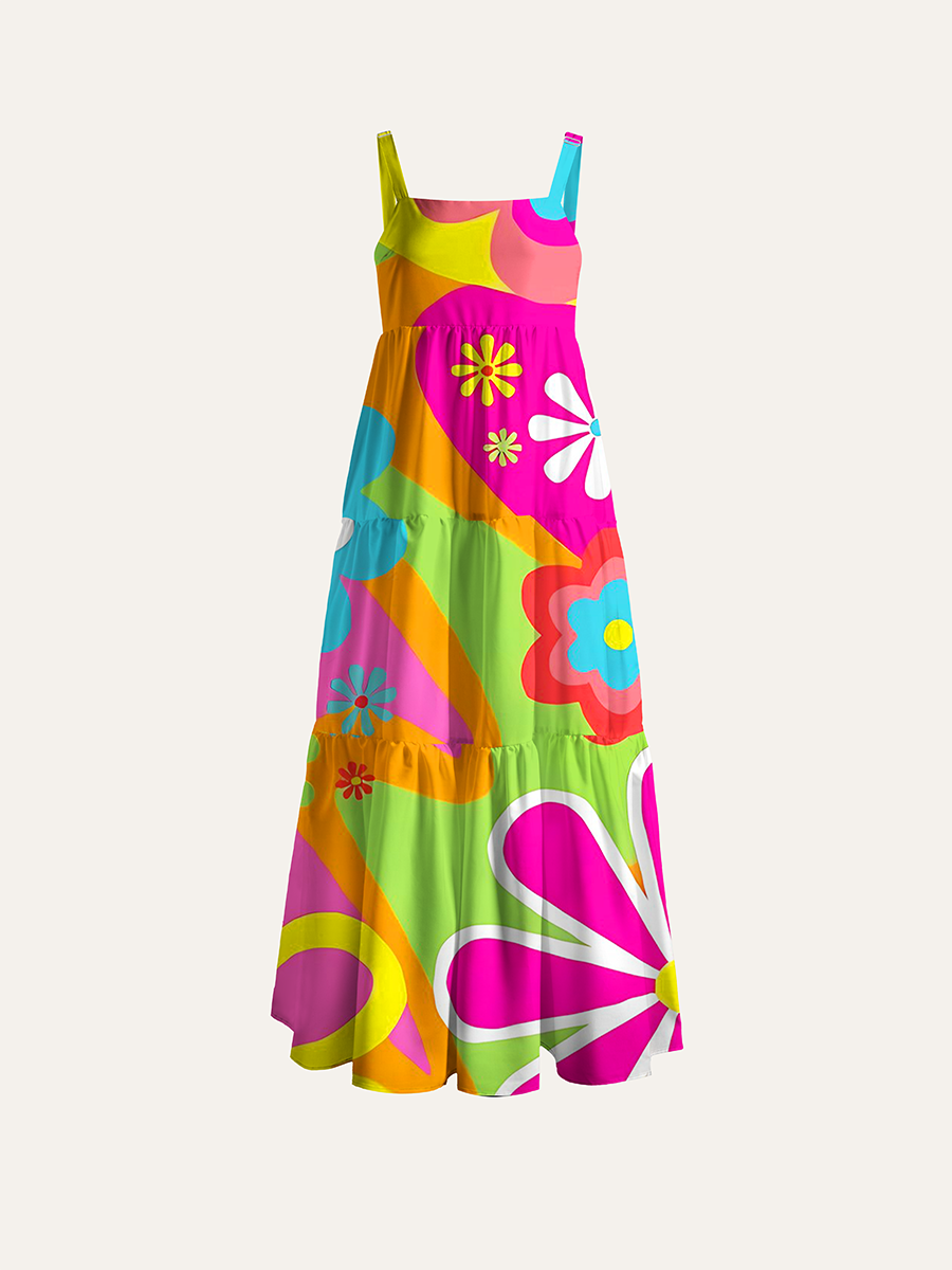 Retro Bright Pop Flower Abstract Adjustable Wide Straps Maxi Dress