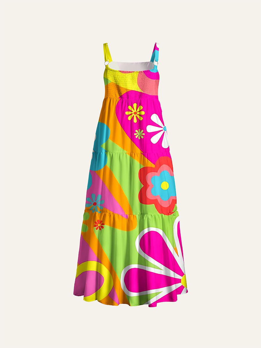 Retro Bright Pop Flower Abstract Adjustable Wide Straps Maxi Dress