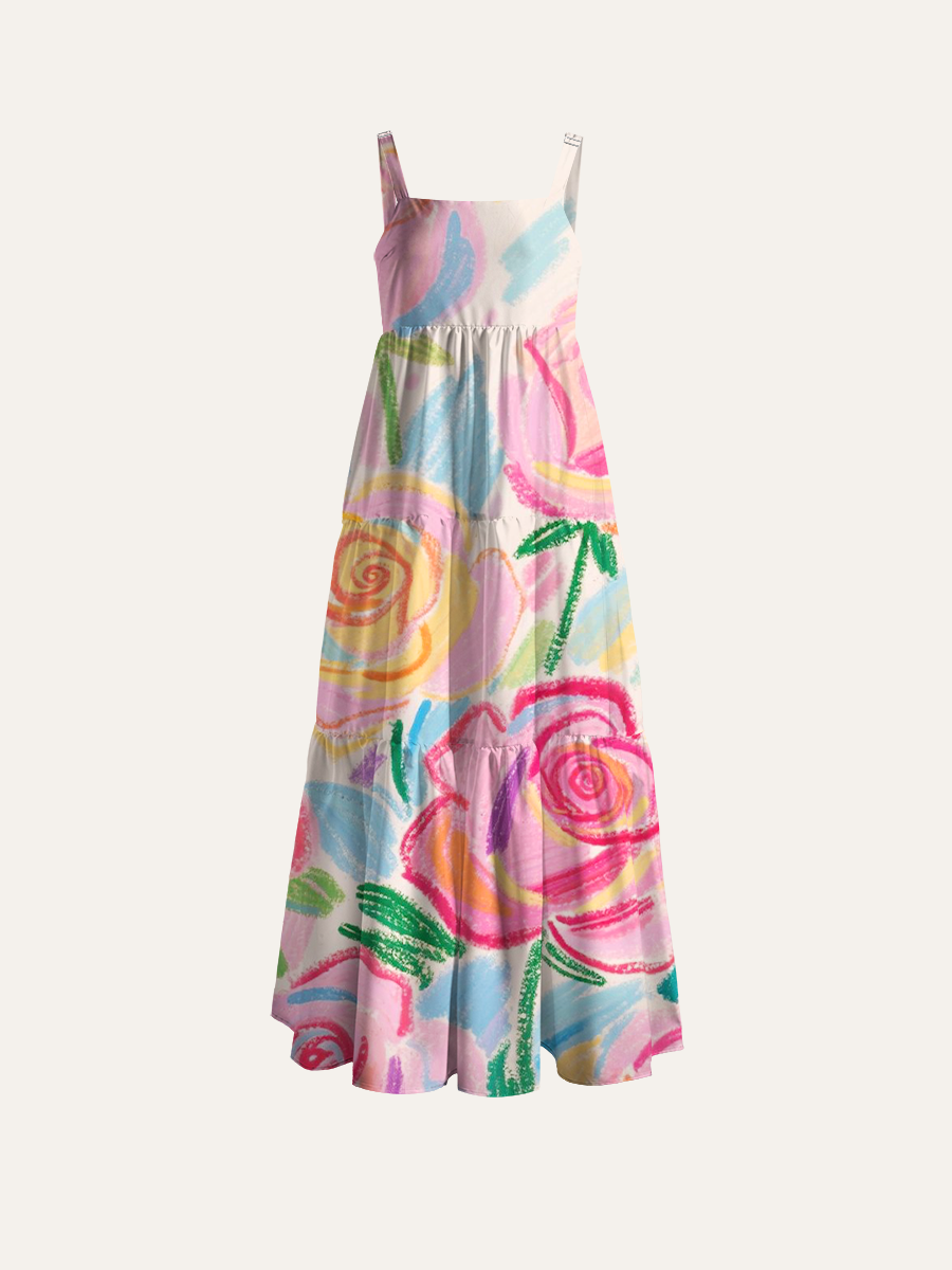 Rainbow Doodle Roses Adjustable Wide Straps Maxi Dress