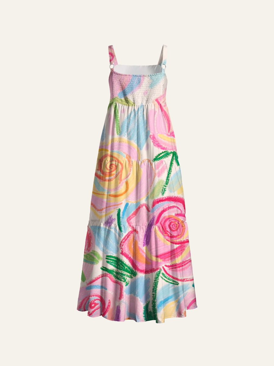 Rainbow Doodle Roses Adjustable Wide Straps Maxi Dress