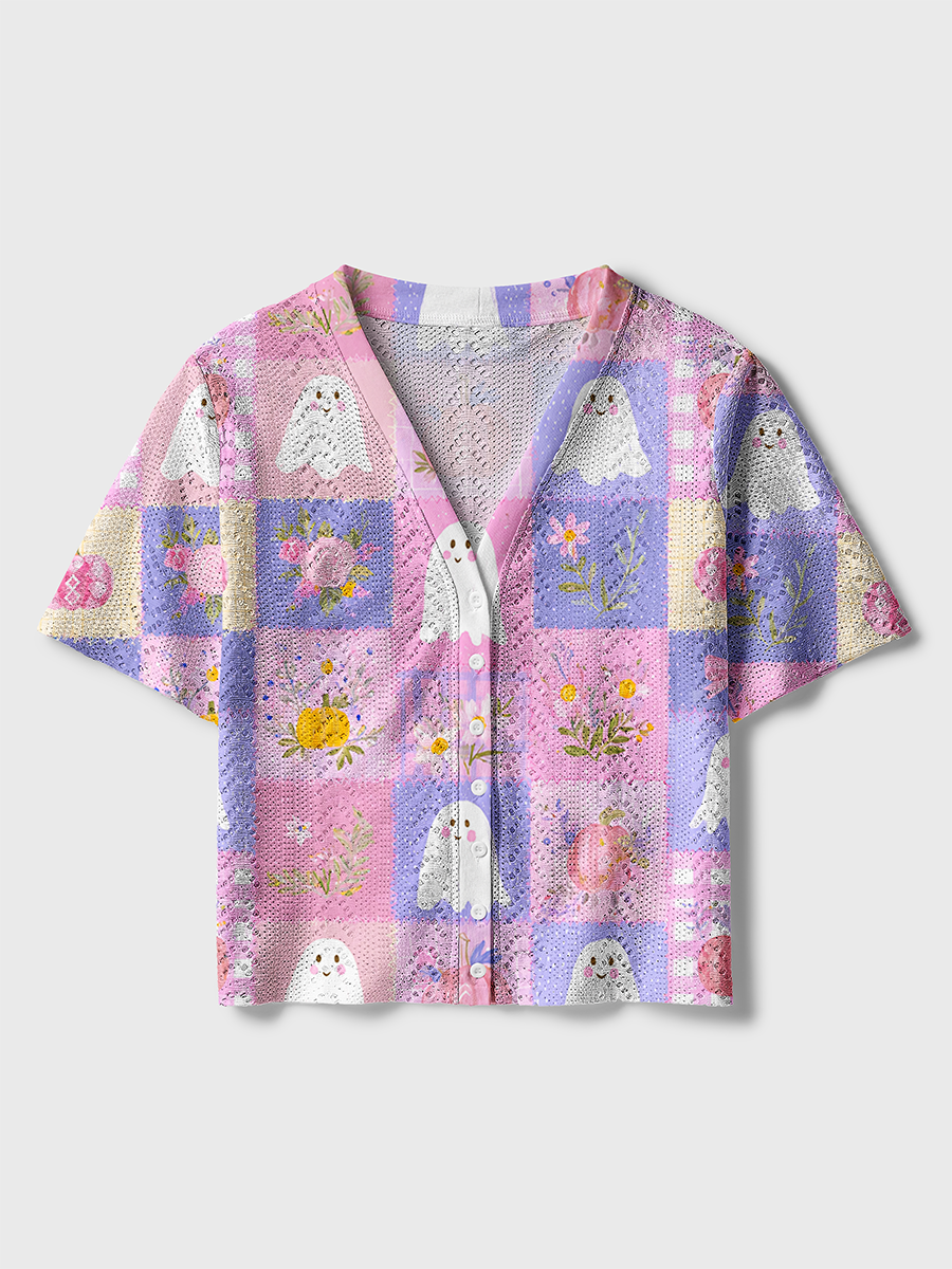 Patchwork Ghost Pumpkin Halloween Crochet Button Down Cardigan