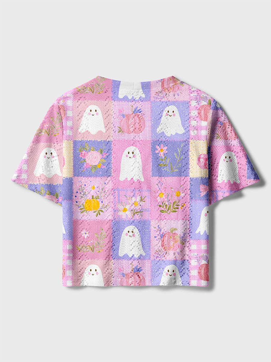 Patchwork Ghost Pumpkin Halloween Crochet Button Down Cardigan