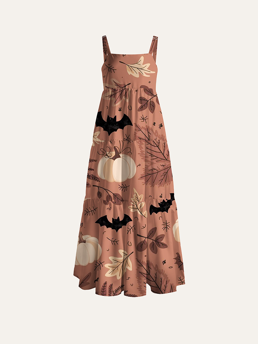 Terracotta Cream Pumpkin Fall Halloween Adjustable Wide Straps Maxi Dress