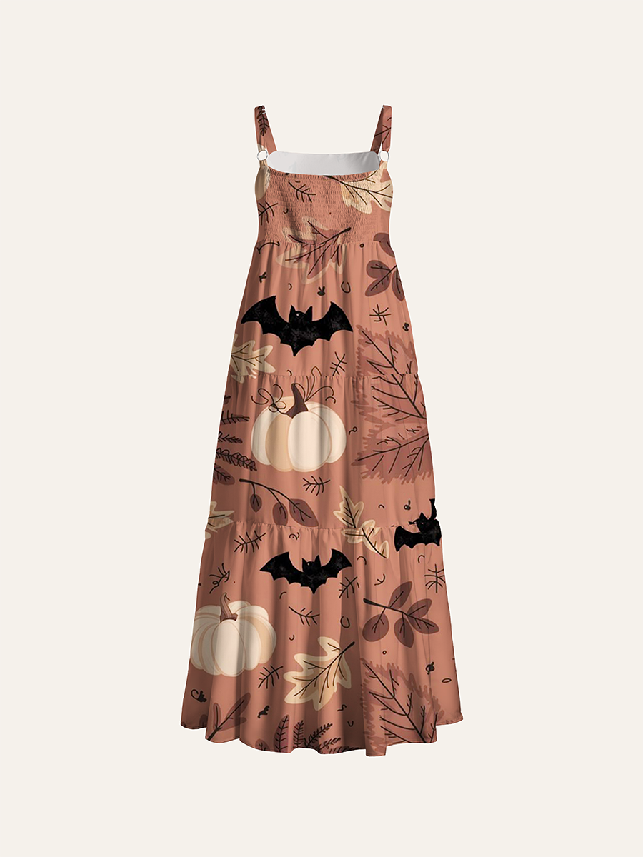 Terracotta Cream Pumpkin Fall Halloween Adjustable Wide Straps Maxi Dress