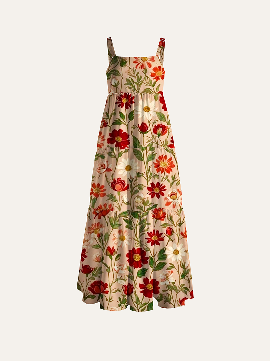Blush Vintage Red Rose Daisy Botanical Adjustable Wide Straps Maxi Dress