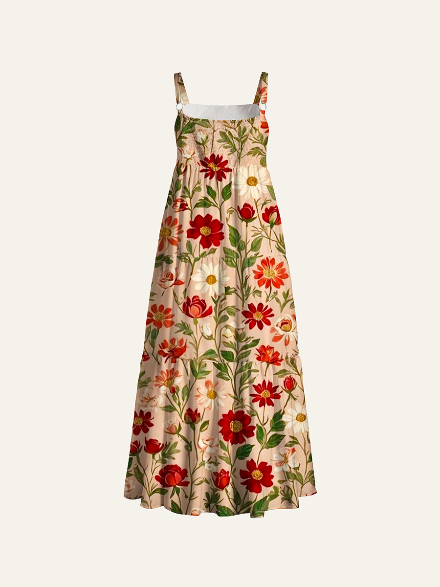 Blush Vintage Red Rose Daisy Botanical Adjustable Wide Straps Maxi Dress