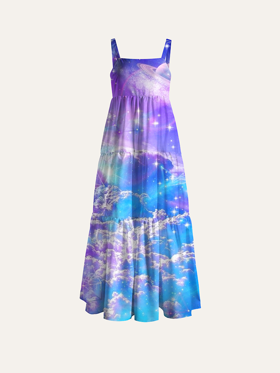 Dreamy Pastel Galaxy Cloud Planet Adjustable Wide Straps Maxi Dress