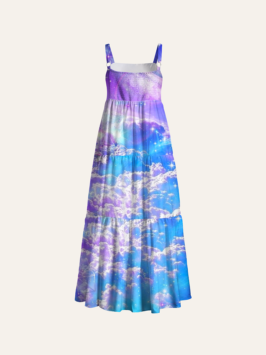 Dreamy Pastel Galaxy Cloud Planet Adjustable Wide Straps Maxi Dress