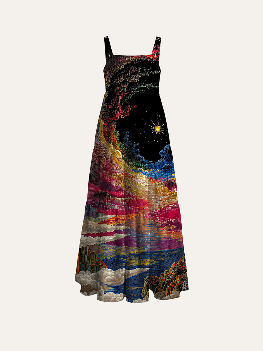 Rainbow Line Art Mountain Cosmic Scroll Adjustable Wide Straps Maxi Dress