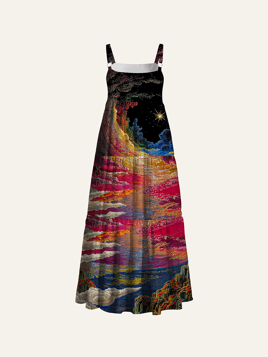 Rainbow Line Art Mountain Cosmic Scroll Adjustable Wide Straps Maxi Dress