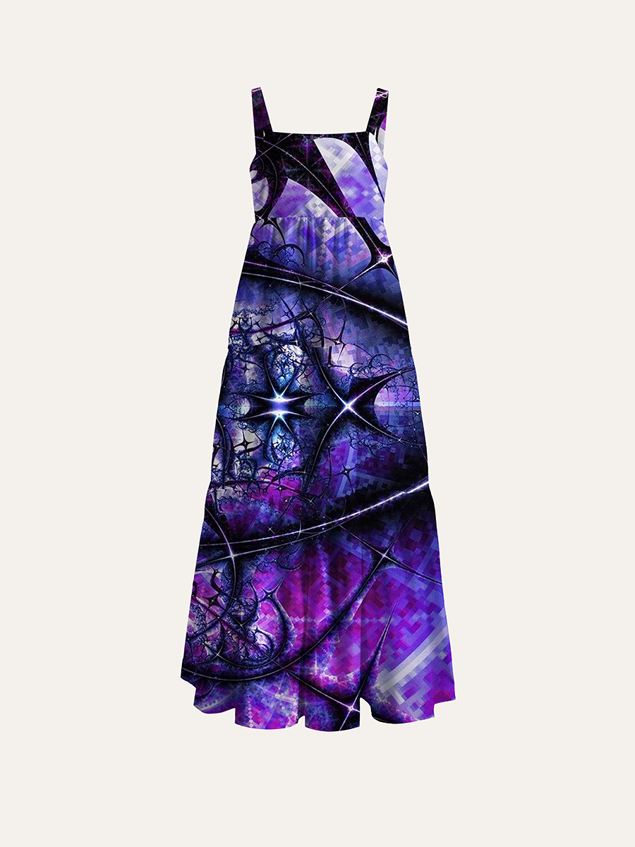 Purple Neon Fractal Abstract Cosmic Adjustable Wide Straps Maxi Dress