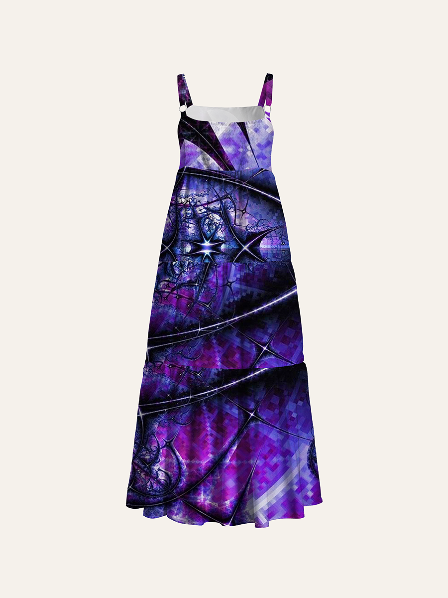 Purple Neon Fractal Abstract Cosmic Adjustable Wide Straps Maxi Dress