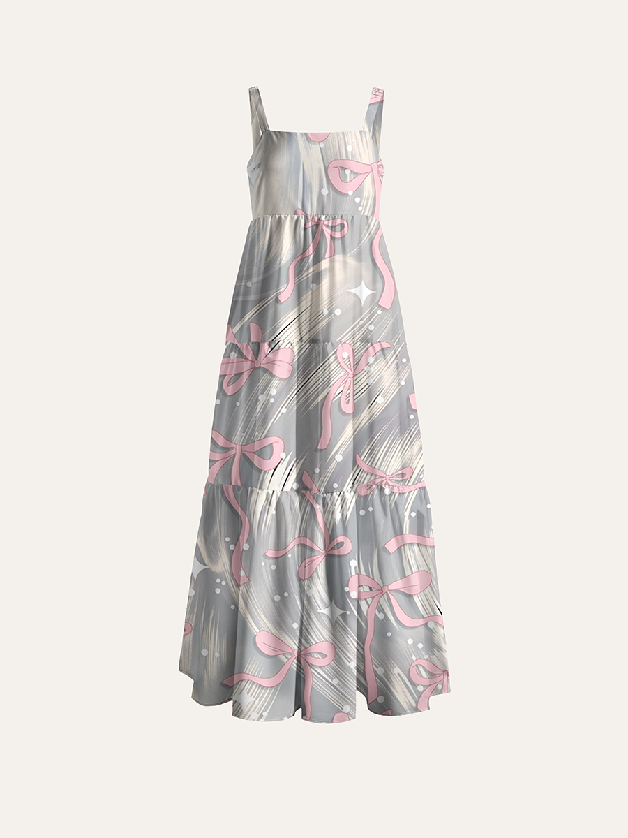 Soft Grey Brushstroke Pink Bow Adjustable Wide Straps Maxi Dress
